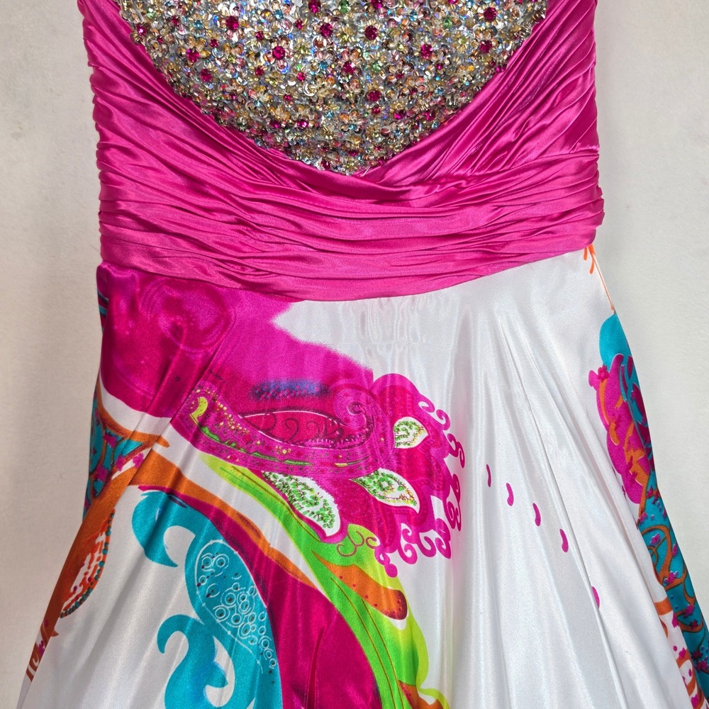 Jovani Maxi Dress Women's 2 White Pink Beaded Rhinestone Formal Prom Gown Y2K - Picture 14 of 16
